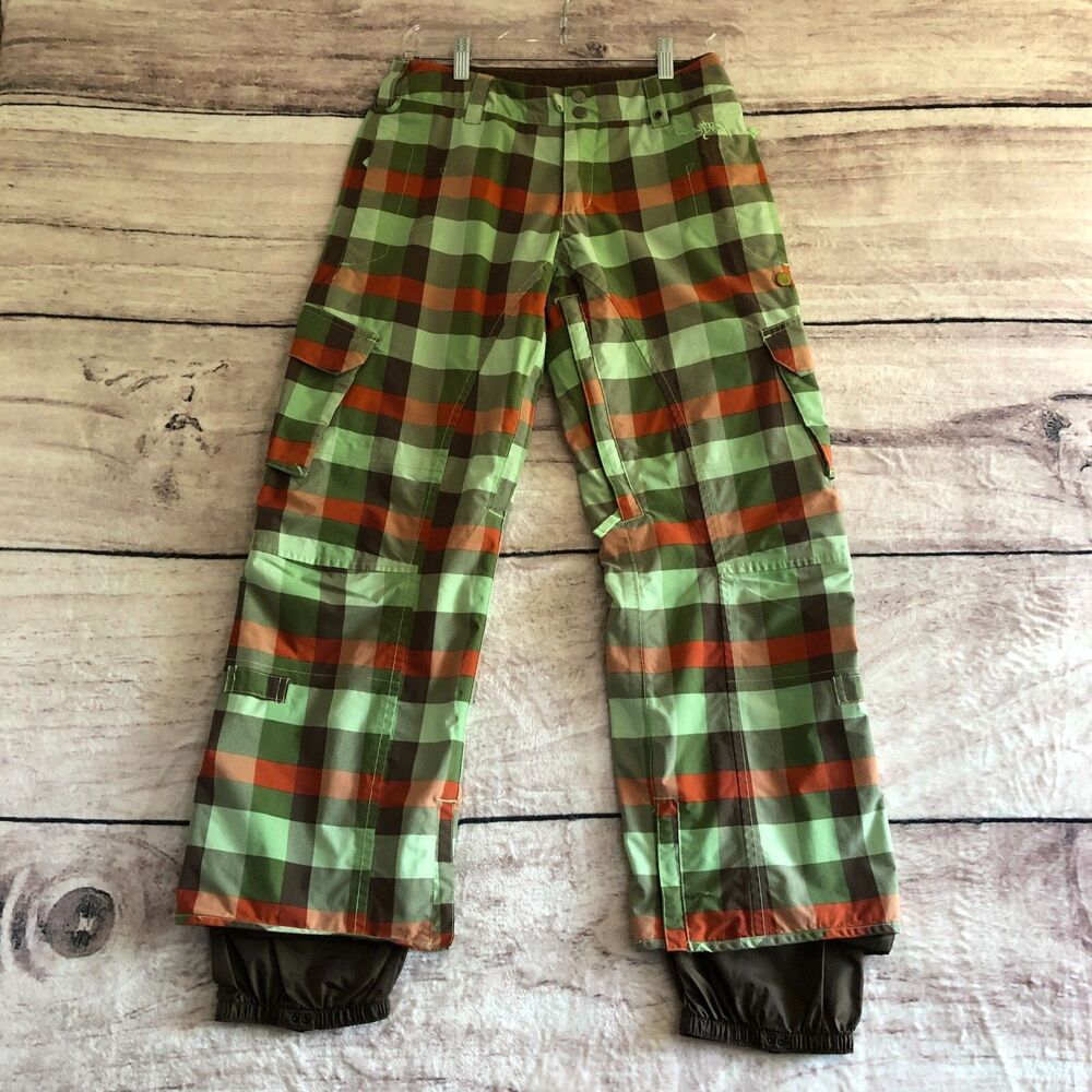 Burton Snowboard Pants XS Womens Green Brown Tartan Plaid Stow Cargo